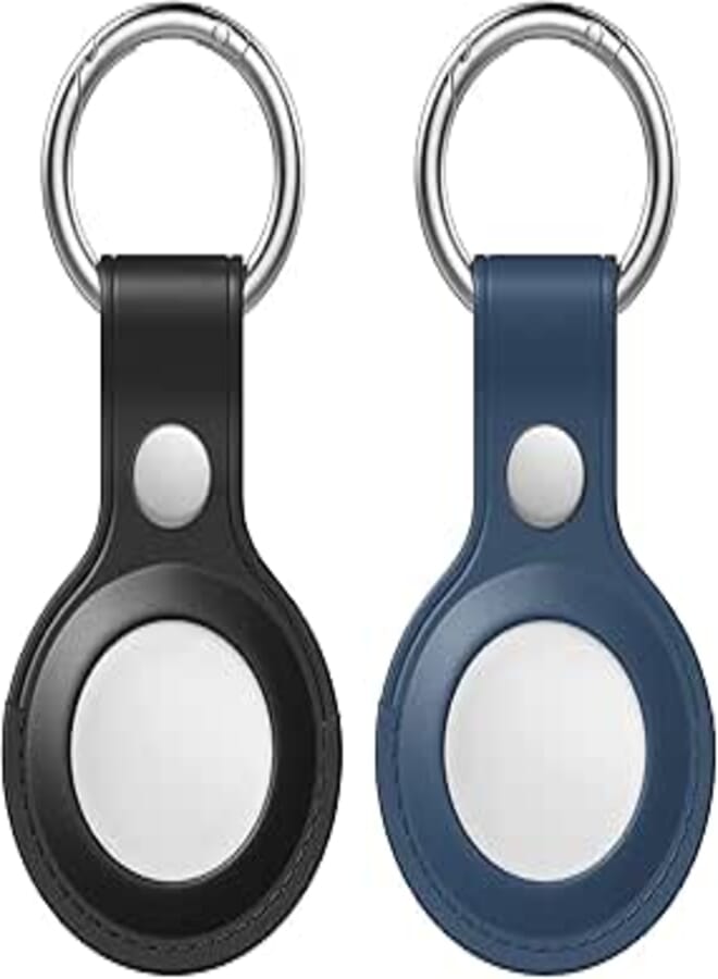 MoKo 2-Pack Key Ring Case for AirTag 2021, Soft Genuine Leather AirTag Tracker Case with Keychain, Anti-Loss AirTag Holder Cover for Car Keys, Bags, Backpacks, Black & Blue